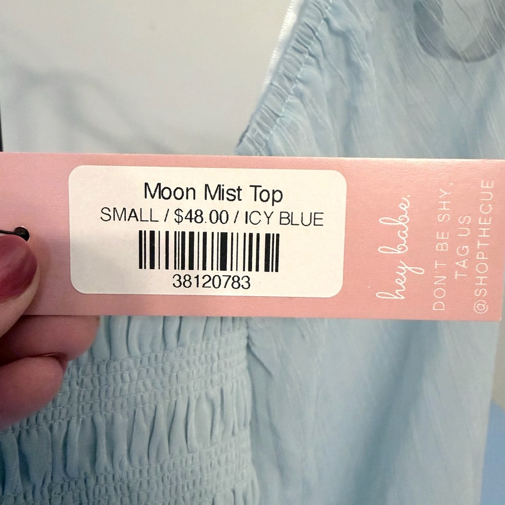 Shop the Cue Moon Mist Blue Smocked Off the Shoulder Crop Top Size Small NWT - Picture 9 of 10